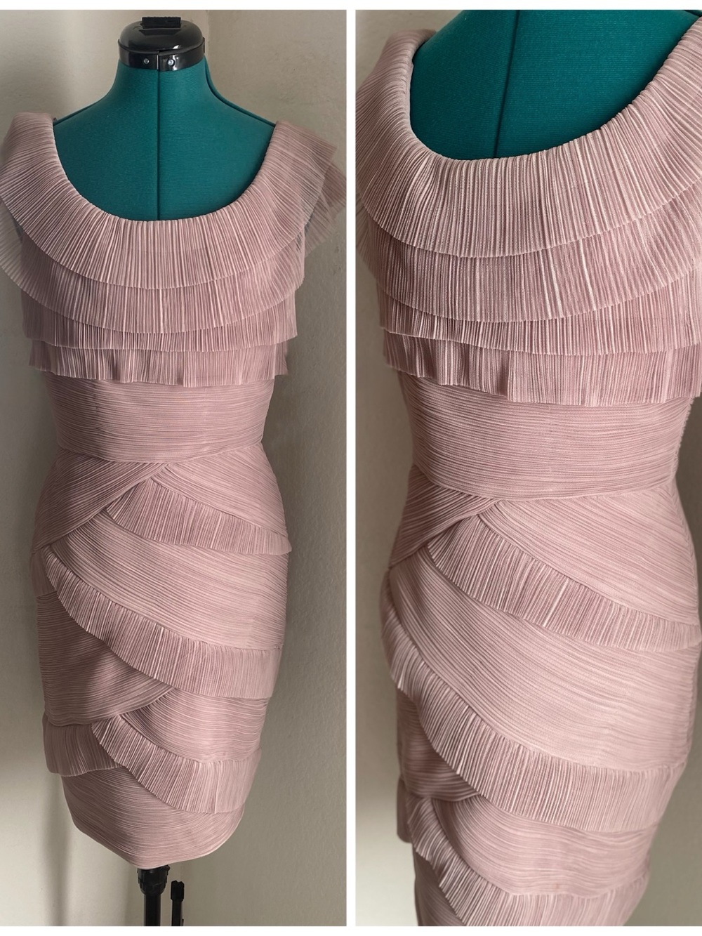 BCBGMaxAzria Pleated Tiered Mini Dress in Blush Beige Size 10
